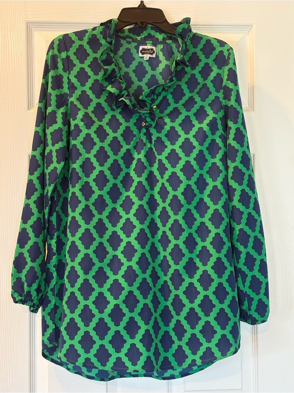 Mud Pie Green and Navy Geometric Ruffle Neck Long Sleeve Tunic